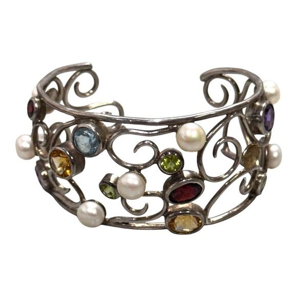 NK Thailand Sterling Silver Multi Gemstone Pearl Cuff Bracelet Scroll Design SEE - Picture 1 of 11